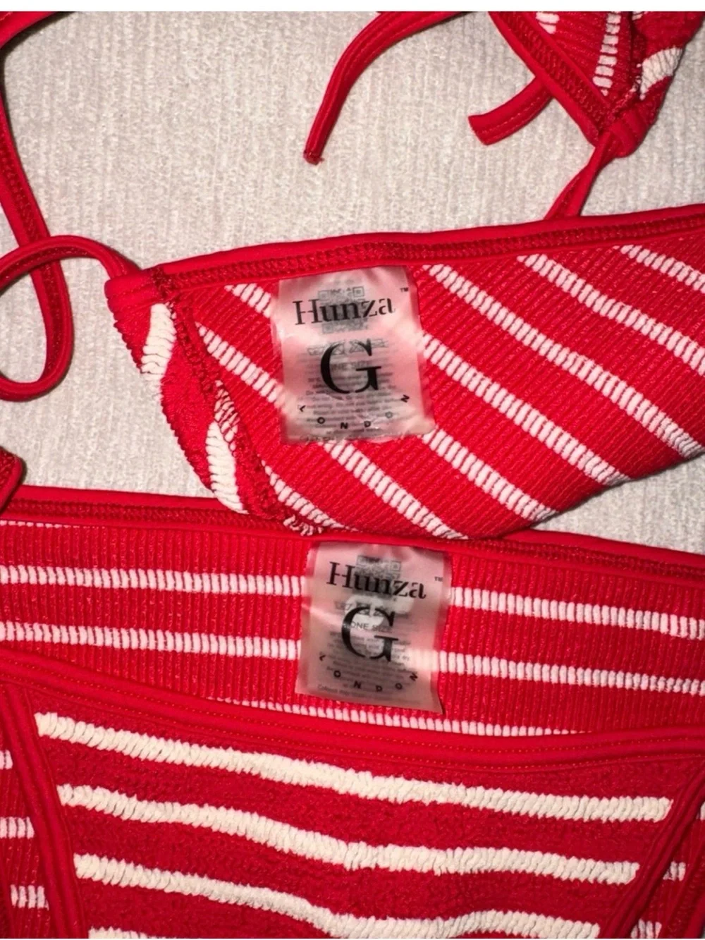 Hunza G Red & White Striped Tie-Side Triangle Bikini